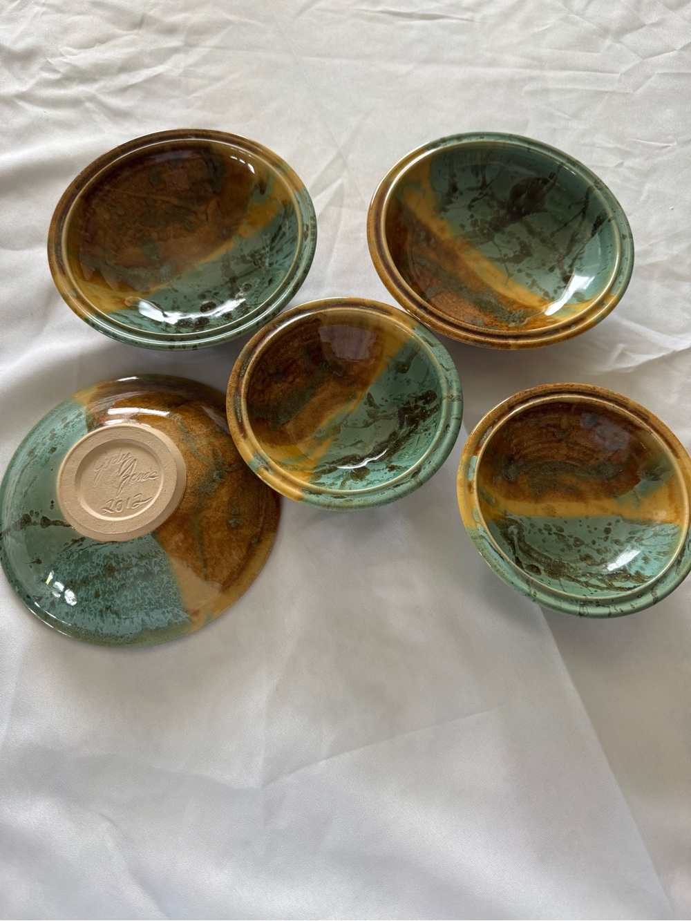 Judy Jones 2012 Handmade Glazed Ceramic Bowls - Green & Amber Swirl (Set of 5)